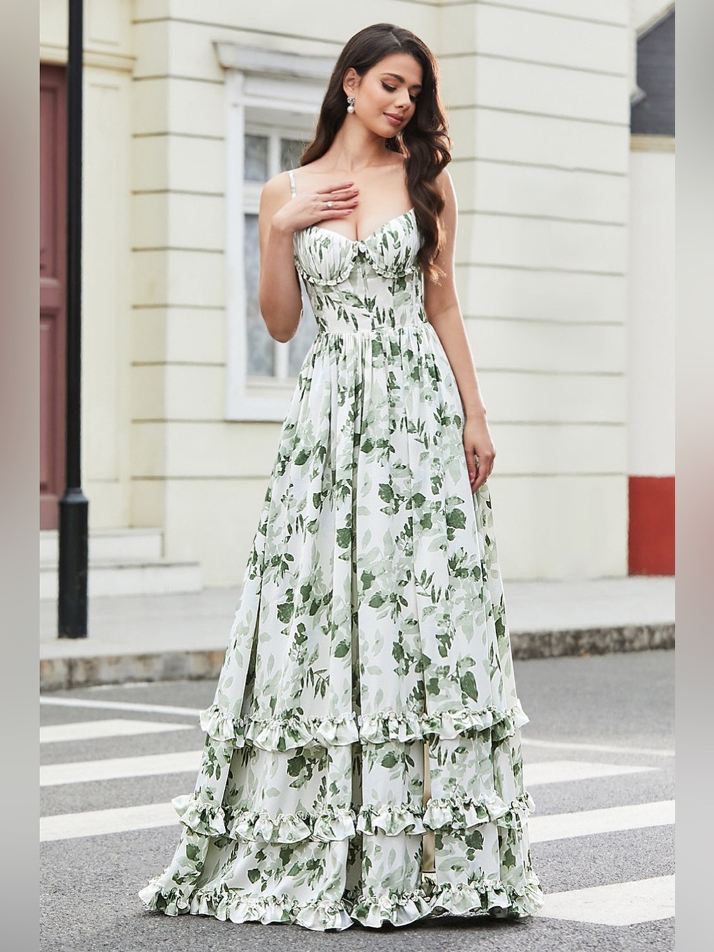 Women’s Green Leaf-Print Maxi Dress with Side Slit - Picture 4 of 9